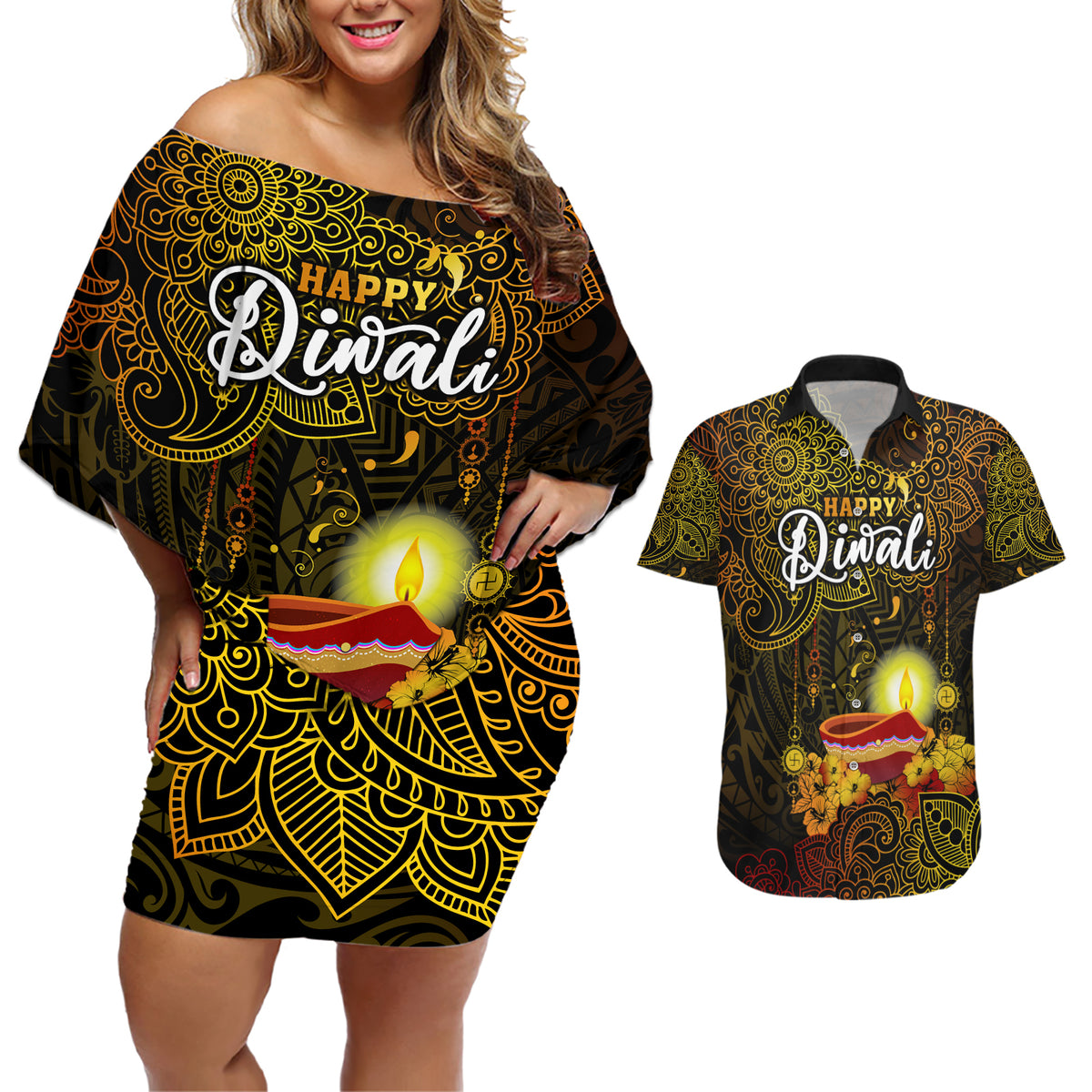personalized-happy-diwali-festival-couples-matching-off-shoulder-short-dress-and-hawaiian-shirt-diya-lamp-hibiscus-polynesian-pattern