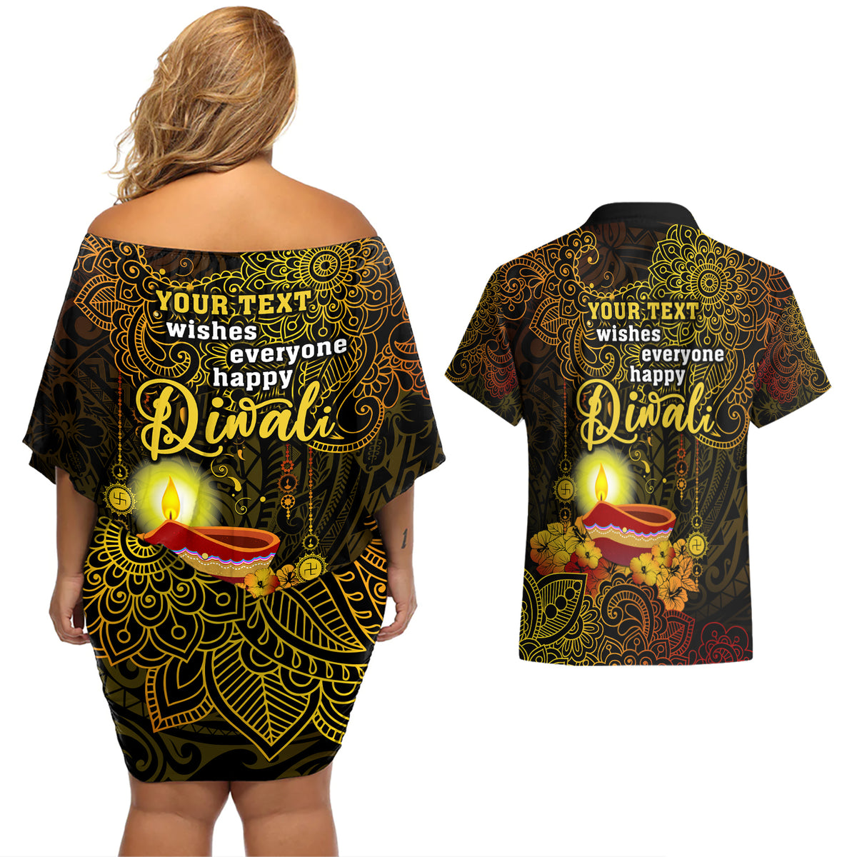 personalized-happy-diwali-festival-couples-matching-off-shoulder-short-dress-and-hawaiian-shirt-diya-lamp-hibiscus-polynesian-pattern