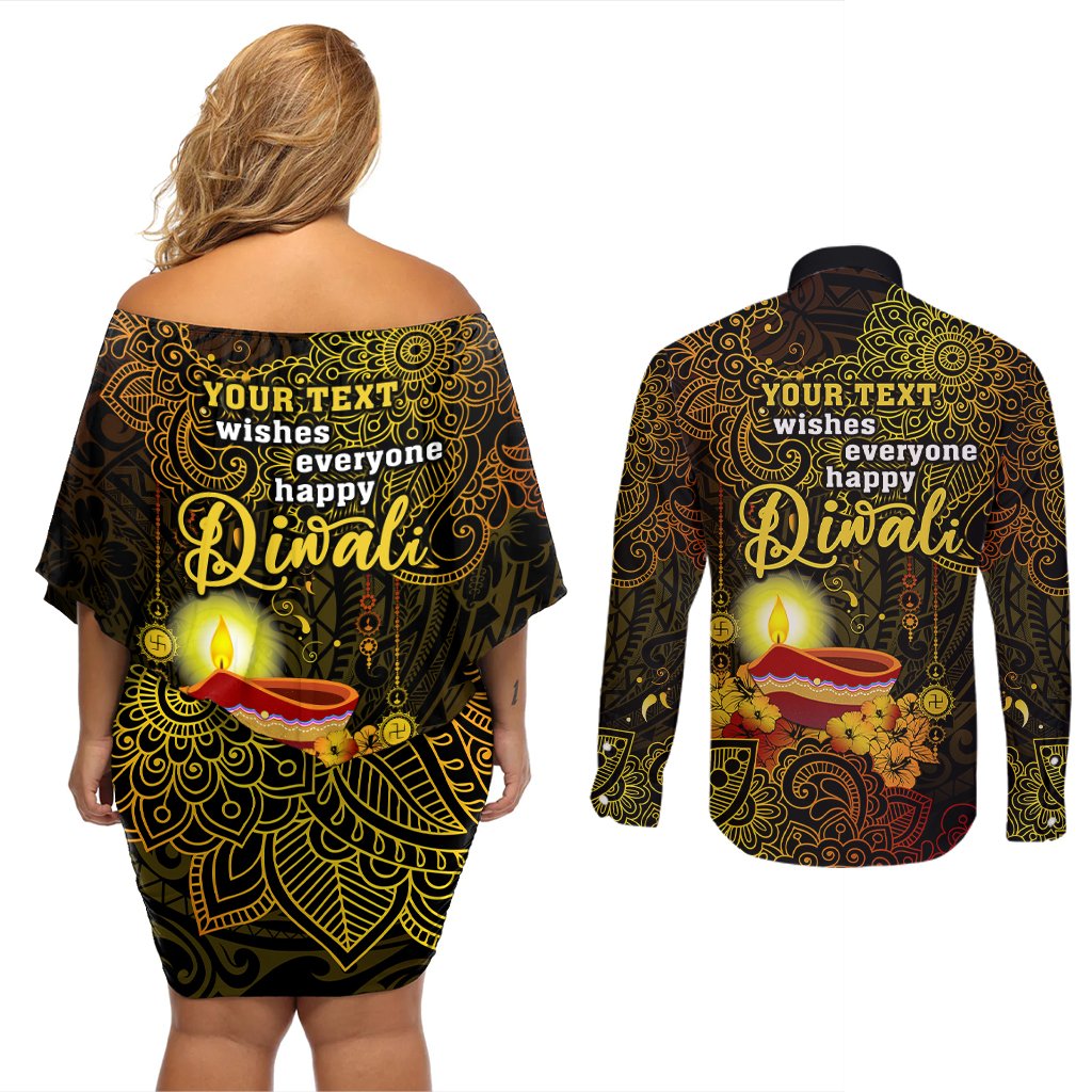 Personalized Happy Diwali Festival Couples Matching Off Shoulder Short Dress and Long Sleeve Button Shirts Diya Lamp Hibiscus Polynesian Pattern LT05 - Polynesian Pride