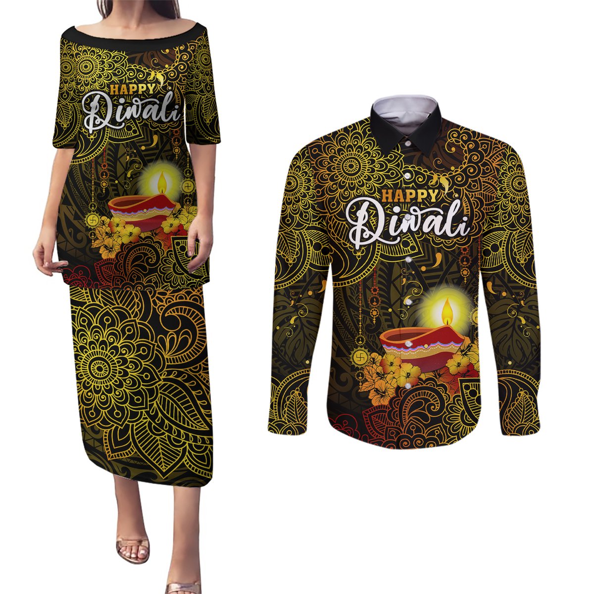 Personalized Happy Diwali Festival Couples Matching Puletasi Dress and Long Sleeve Button Shirts Diya Lamp Hibiscus Polynesian Pattern LT05 Yellow - Polynesian Pride