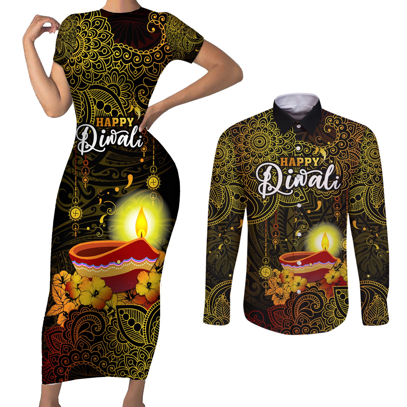 Personalized Happy Diwali Festival Couples Matching Short Sleeve Bodycon Dress and Long Sleeve Button Shirts Diya Lamp Hibiscus Polynesian Pattern LT05 Yellow - Polynesian Pride