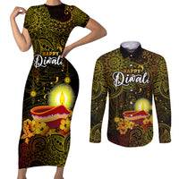 Personalized Happy Diwali Festival Couples Matching Short Sleeve Bodycon Dress and Long Sleeve Button Shirts Diya Lamp Hibiscus Polynesian Pattern LT05 Yellow - Polynesian Pride