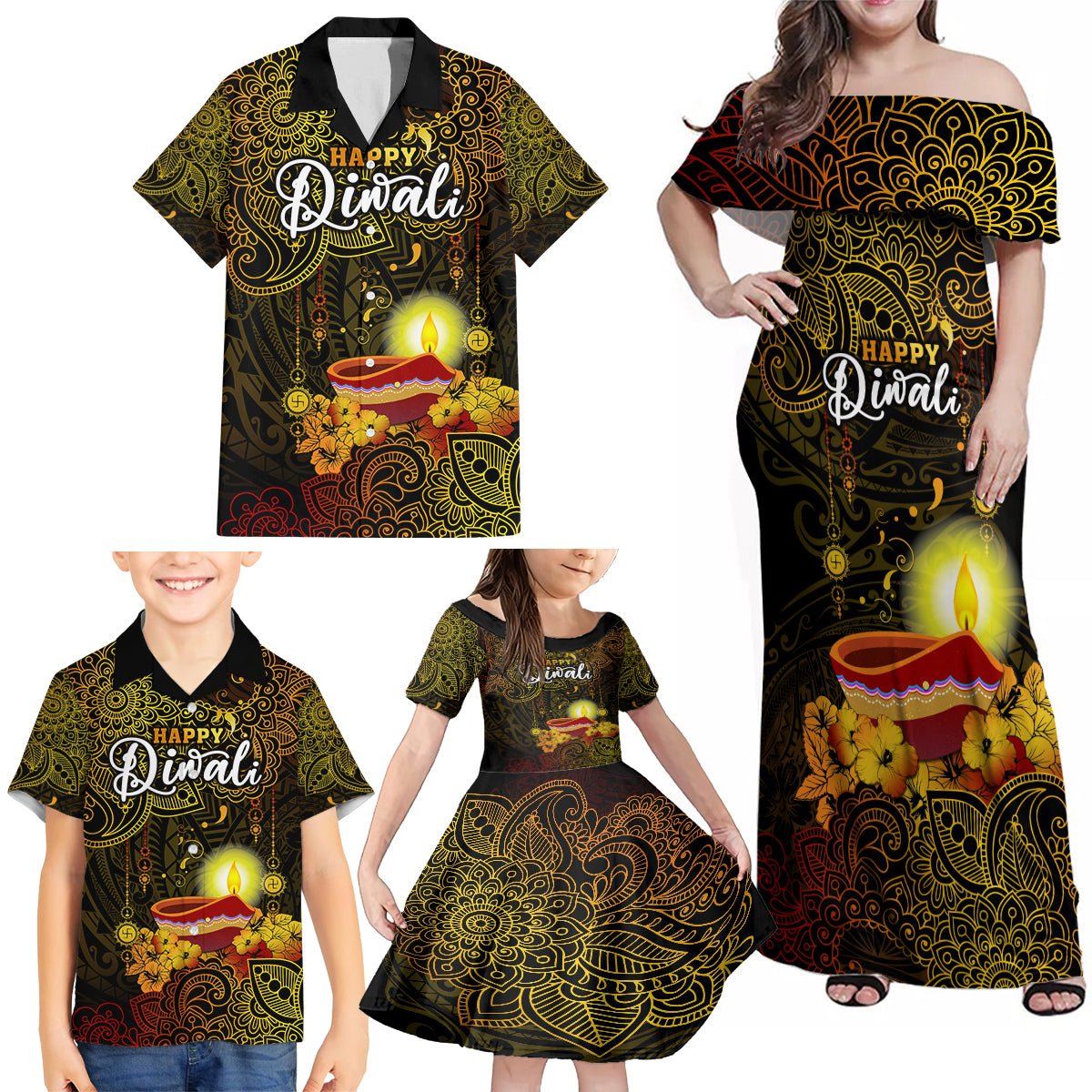 Personalized Happy Diwali Festival Family Matching Off Shoulder Maxi Dress and Hawaiian Shirt Diya Lamp Hibiscus Polynesian Pattern LT05 - Polynesian Pride