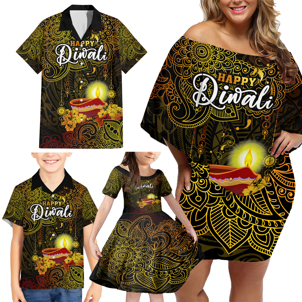 Personalized Happy Diwali Festival Family Matching Off Shoulder Short Dress and Hawaiian Shirt Diya Lamp Hibiscus Polynesian Pattern LT05 - Polynesian Pride