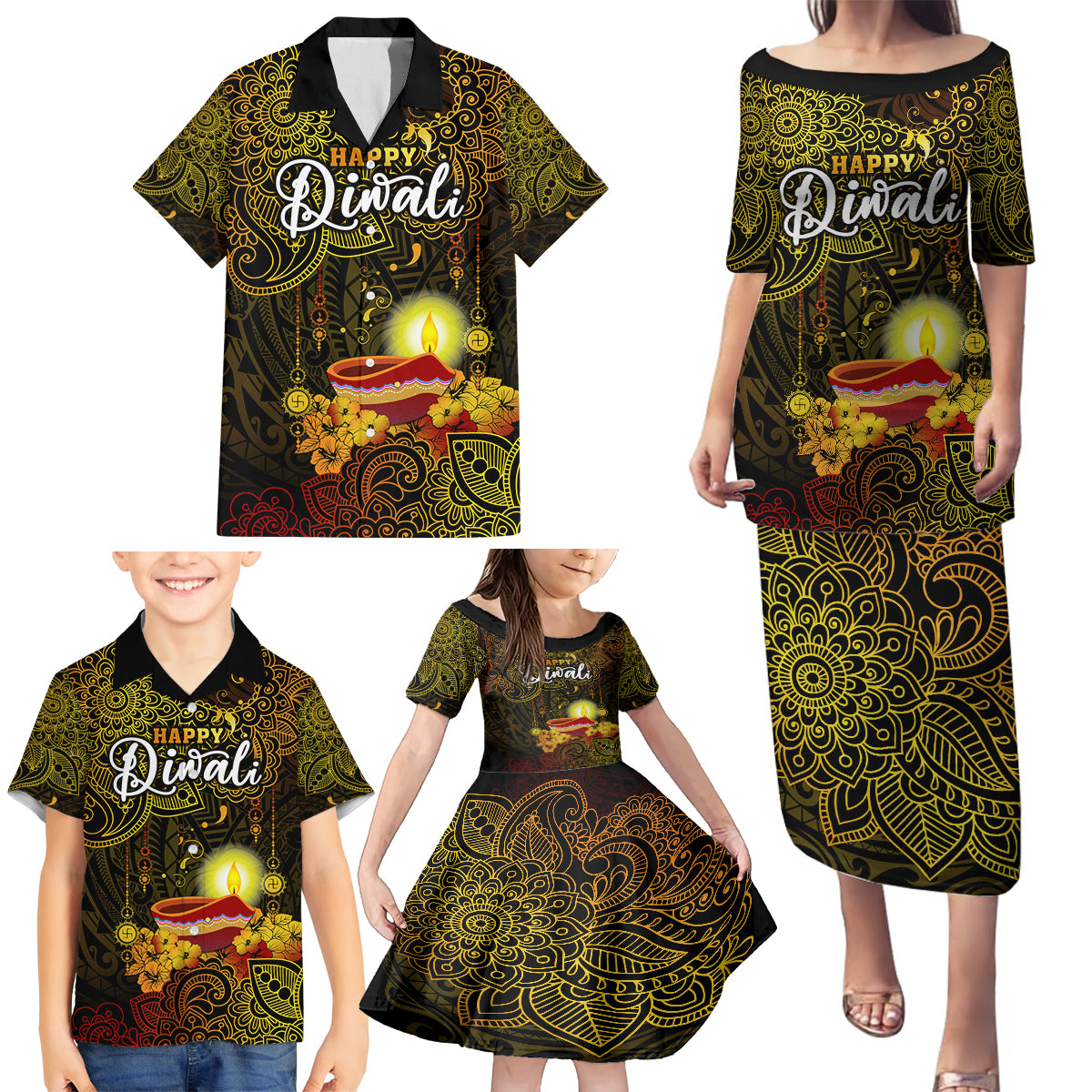 Personalized Happy Diwali Festival Family Matching Puletasi Dress and Hawaiian Shirt Diya Lamp Hibiscus Polynesian Pattern LT05 - Polynesian Pride