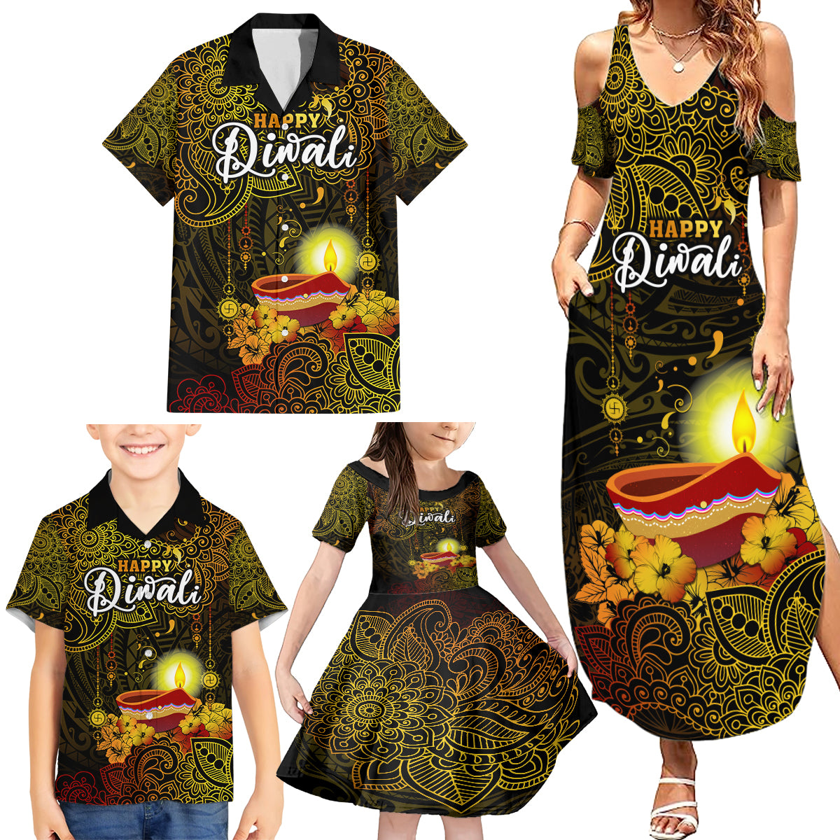 Personalized Happy Diwali Festival Family Matching Summer Maxi Dress and Hawaiian Shirt Diya Lamp Hibiscus Polynesian Pattern LT05 - Polynesian Pride