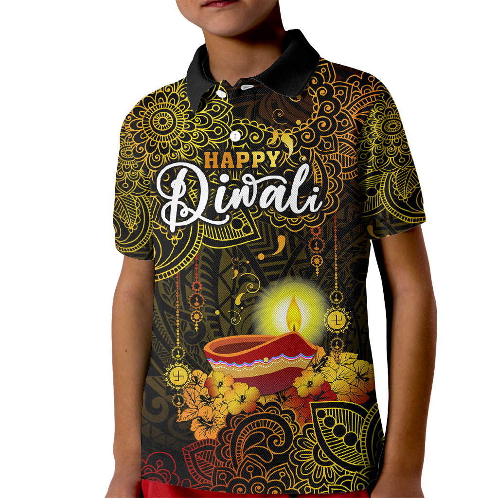 Personalized Happy Diwali Festival Kid Polo Shirt Diya Lamp Hibiscus Polynesian Pattern LT05 Kid Yellow - Polynesian Pride