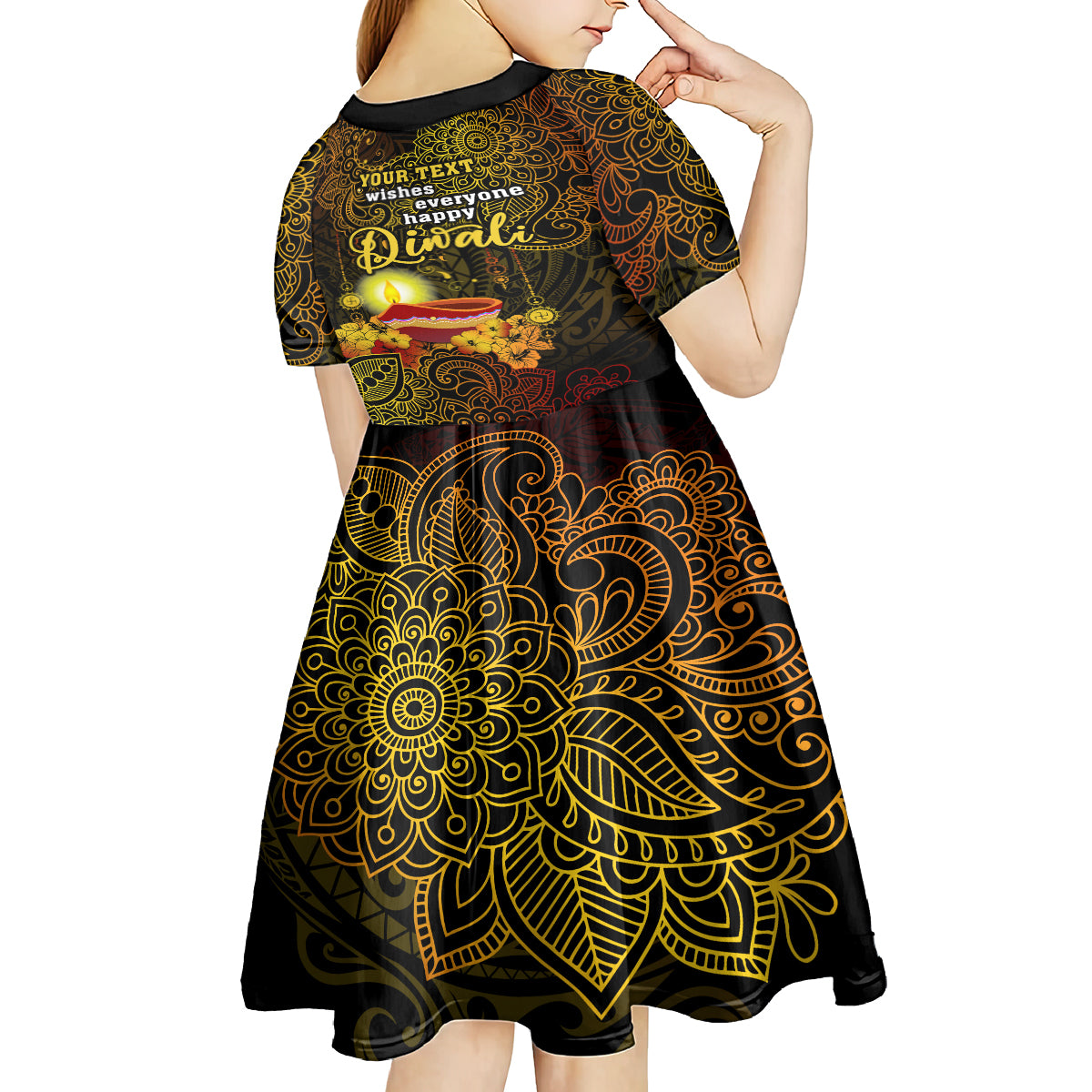 Personalized Happy Diwali Festival Kid Short Sleeve Dress Diya Lamp Hibiscus Polynesian Pattern LT05 - Polynesian Pride