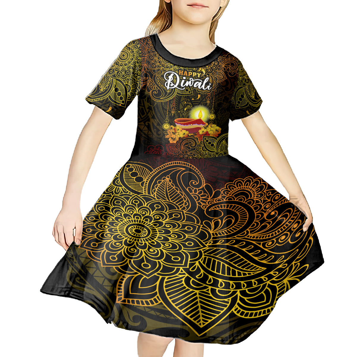 Personalized Happy Diwali Festival Kid Short Sleeve Dress Diya Lamp Hibiscus Polynesian Pattern LT05 - Polynesian Pride