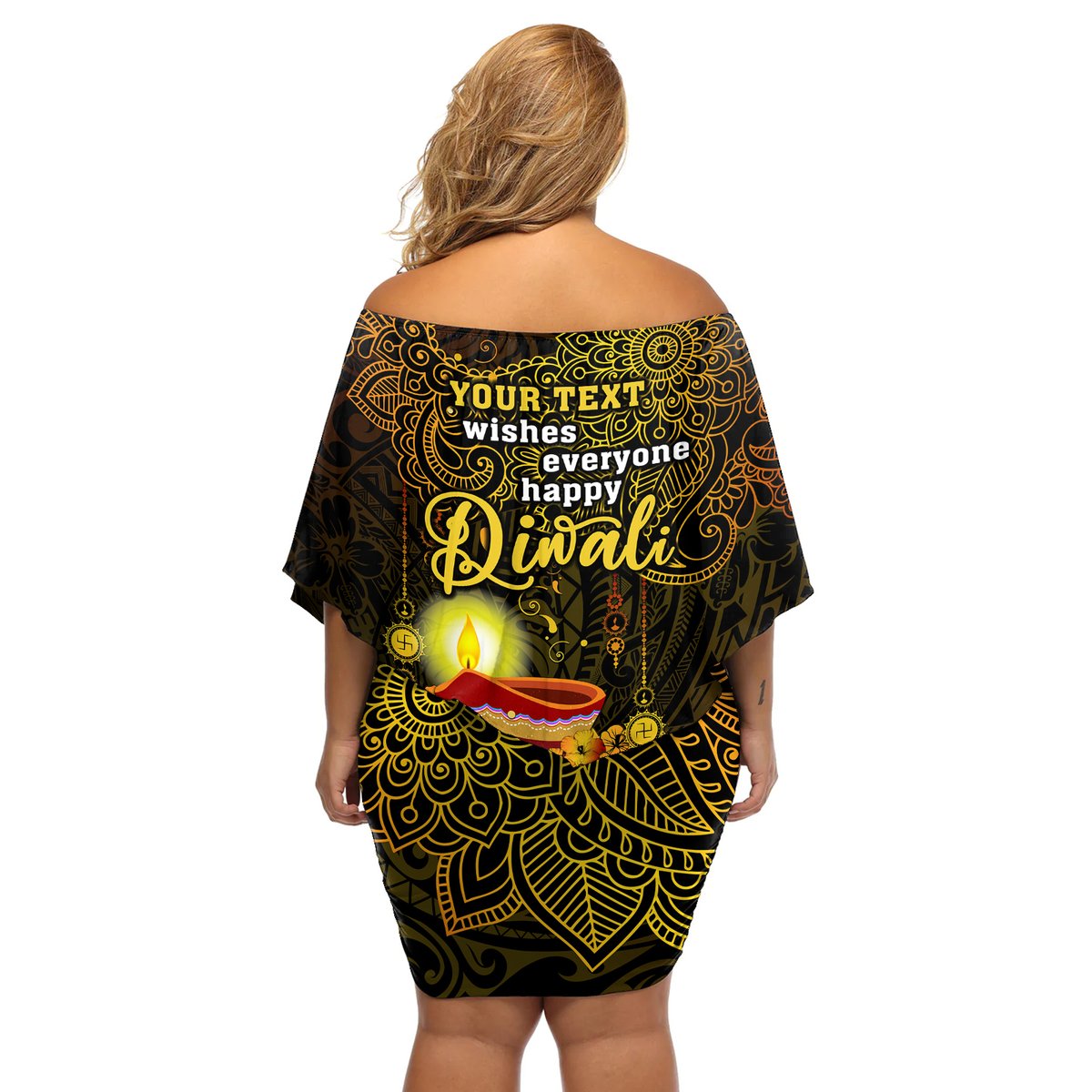 Personalized Happy Diwali Festival Off Shoulder Short Dress Diya Lamp Hibiscus Polynesian Pattern LT05 - Polynesian Pride