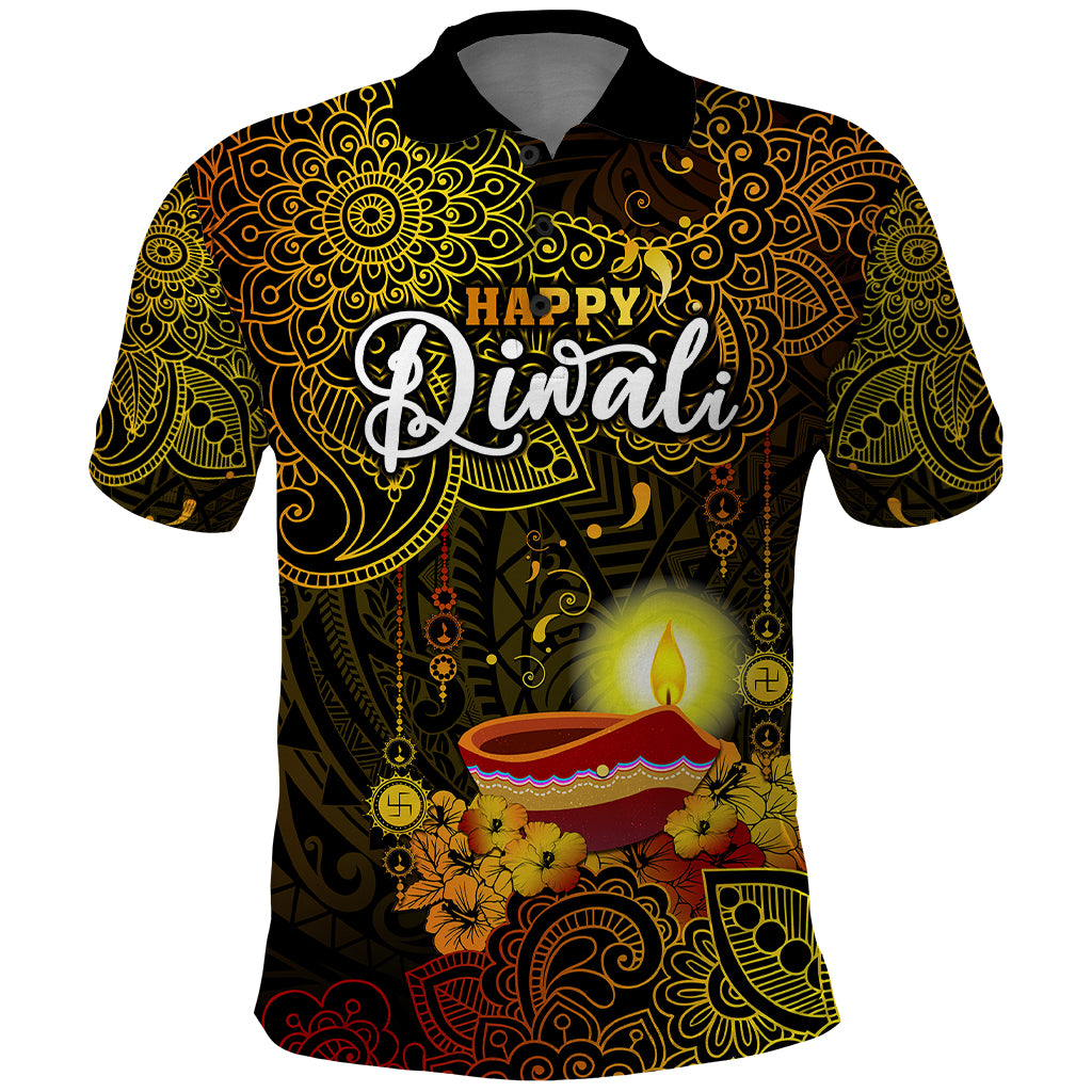 Personalized Happy Diwali Festival Polo Shirt Diya Lamp Hibiscus Polynesian Pattern LT05 Yellow - Polynesian Pride