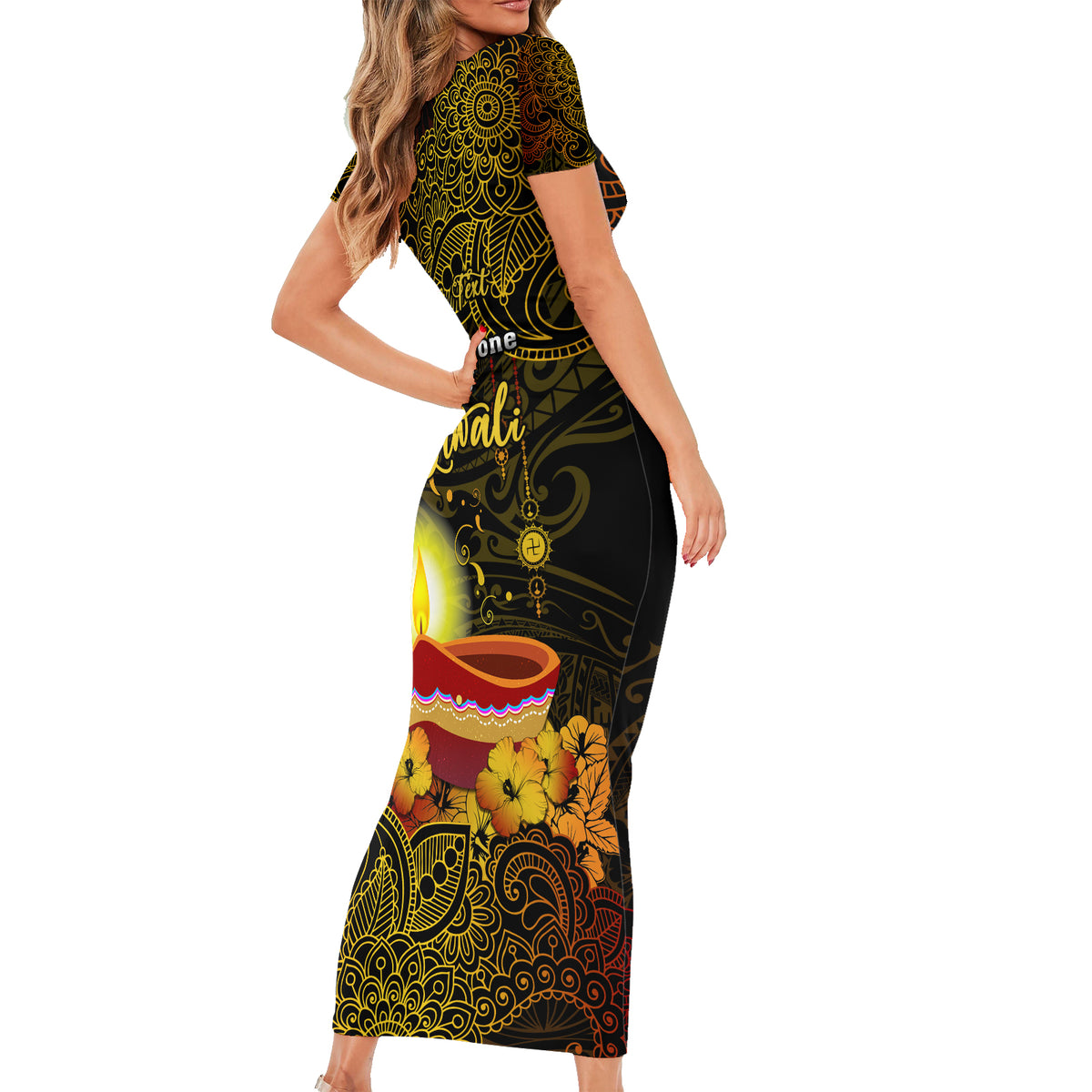 personalized-happy-diwali-festival-short-sleeve-bodycon-dress-diya-lamp-hibiscus-polynesian-pattern