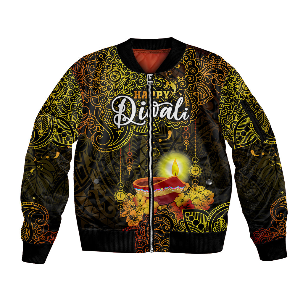 Personalized Happy Diwali Festival Sleeve Zip Bomber Jacket Diya Lamp Hibiscus Polynesian Pattern LT05 Unisex Yellow - Polynesian Pride