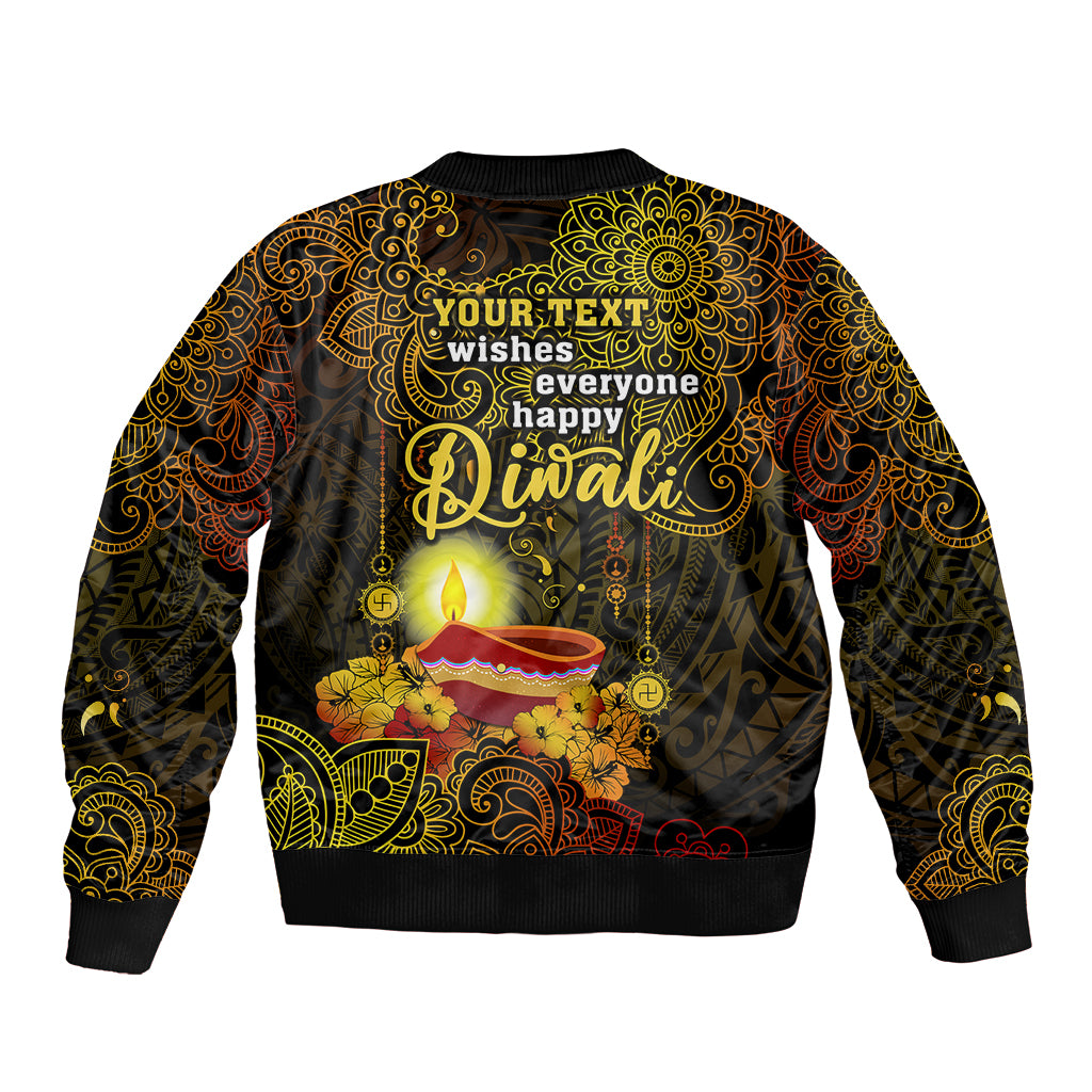 Personalized Happy Diwali Festival Sleeve Zip Bomber Jacket Diya Lamp Hibiscus Polynesian Pattern LT05 - Polynesian Pride