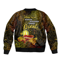 Personalized Happy Diwali Festival Sleeve Zip Bomber Jacket Diya Lamp Hibiscus Polynesian Pattern LT05 - Polynesian Pride
