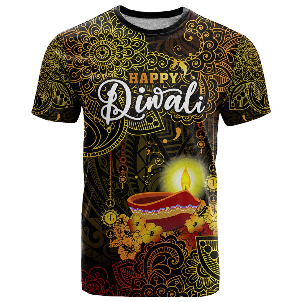 Personalized Happy Diwali Festival T Shirt Diya Lamp Hibiscus Polynesian Pattern LT05 Yellow - Polynesian Pride