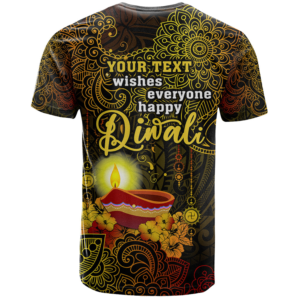 Personalized Happy Diwali Festival T Shirt Diya Lamp Hibiscus Polynesian Pattern LT05 - Polynesian Pride