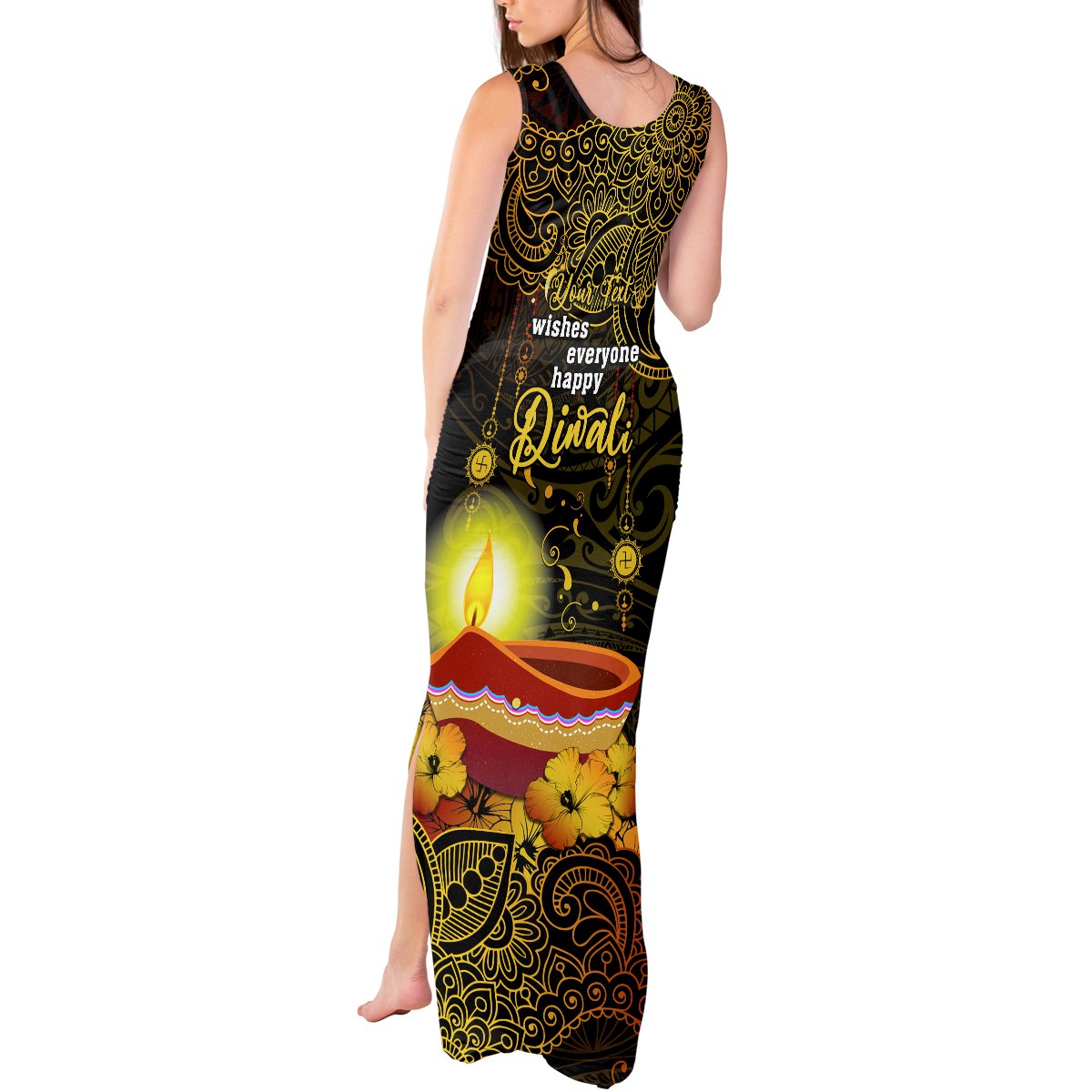 Personalized Happy Diwali Festival Tank Maxi Dress Diya Lamp Hibiscus Polynesian Pattern LT05 - Polynesian Pride