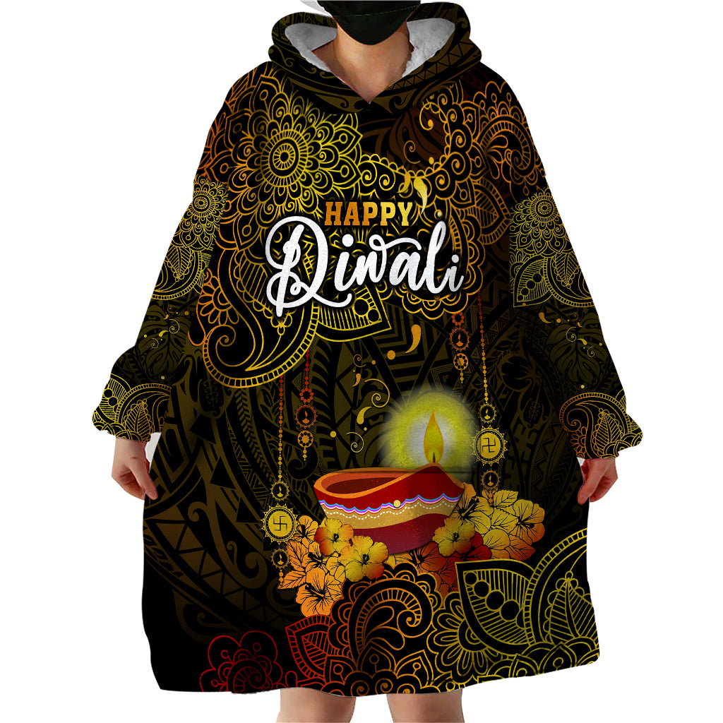 Personalized Happy Diwali Festival Wearable Blanket Hoodie Diya Lamp Hibiscus Polynesian Pattern LT05 - Polynesian Pride
