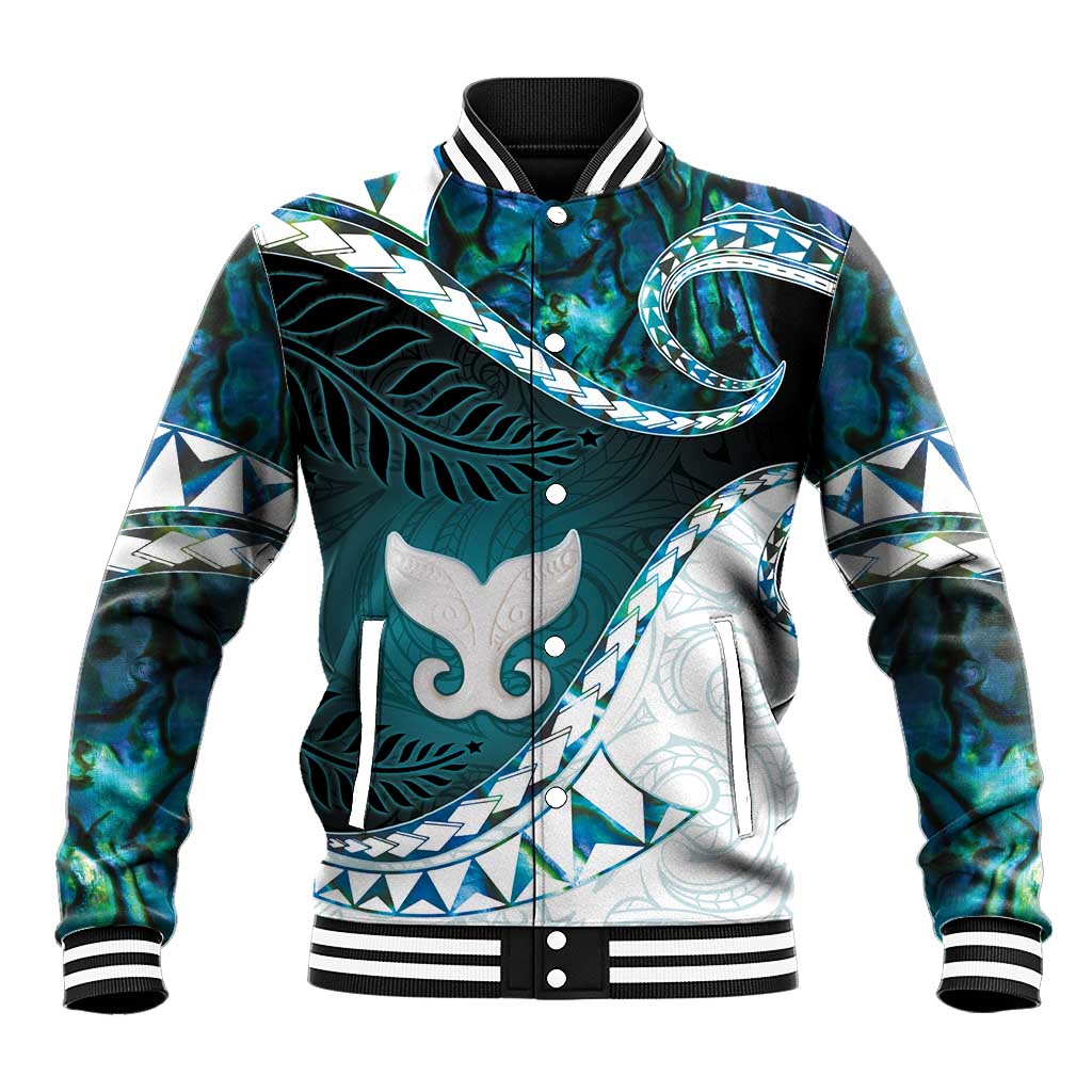 Aotearoa New Zealand Baseball Jacket Maori Wera Paua Shell Teal Glitter LT05 Unisex Teal - Polynesian Pride