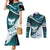 Aotearoa New Zealand Couples Matching Mermaid Dress and Long Sleeve Button Shirt Maori Wera Paua Shell Teal Glitter