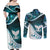 Aotearoa New Zealand Couples Matching Off Shoulder Maxi Dress and Long Sleeve Button Shirt Maori Wera Paua Shell Teal Glitter