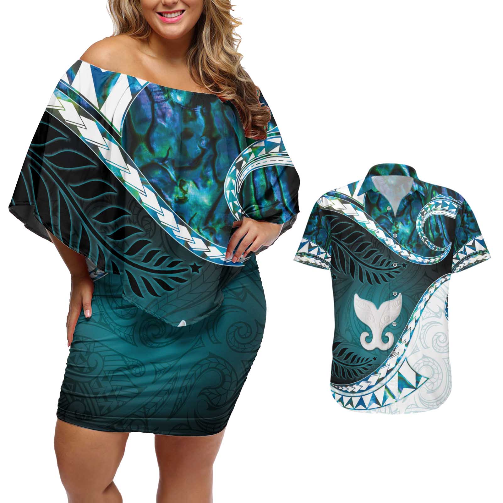 Aotearoa New Zealand Couples Matching Off Shoulder Short Dress and Hawaiian Shirt Maori Wera Paua Shell Teal Glitter