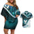 Aotearoa New Zealand Couples Matching Off Shoulder Short Dress and Hawaiian Shirt Maori Wera Paua Shell Teal Glitter