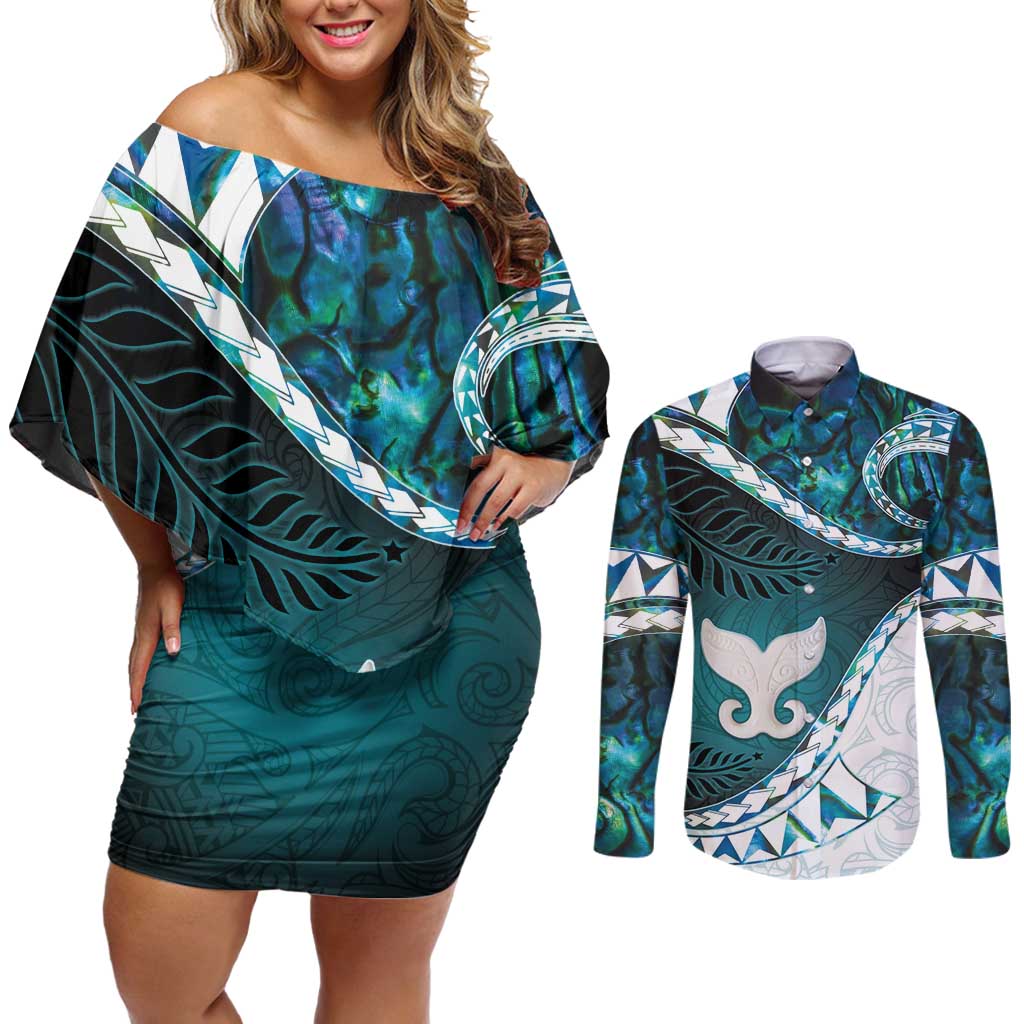 Aotearoa New Zealand Couples Matching Off Shoulder Short Dress and Long Sleeve Button Shirt Maori Wera Paua Shell Teal Glitter