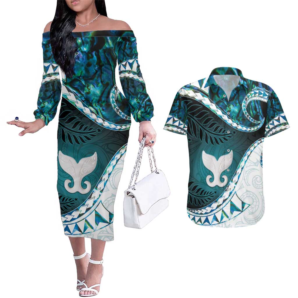 Aotearoa New Zealand Couples Matching Off The Shoulder Long Sleeve Dress and Hawaiian Shirt Maori Wera Paua Shell Teal Glitter