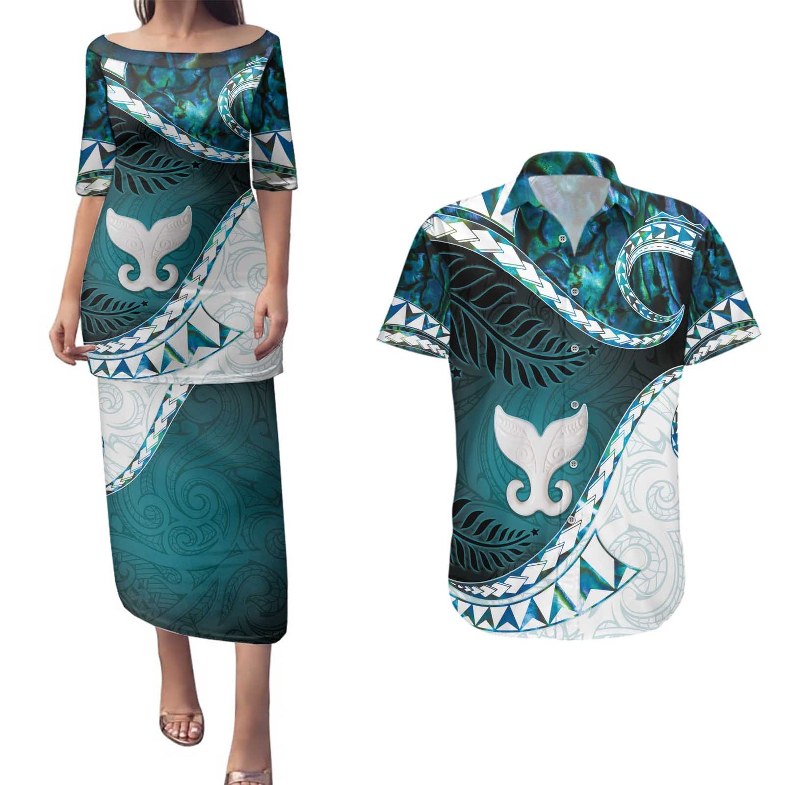 Aotearoa New Zealand Couples Matching Puletasi and Hawaiian Shirt Maori Wera Paua Shell Teal Glitter LT05 Teal - Polynesian Pride