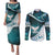 Aotearoa New Zealand Couples Matching Puletasi and Long Sleeve Button Shirt Maori Wera Paua Shell Teal Glitter