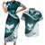 Aotearoa New Zealand Couples Matching Short Sleeve Bodycon Dress and Hawaiian Shirt Maori Wera Paua Shell Teal Glitter