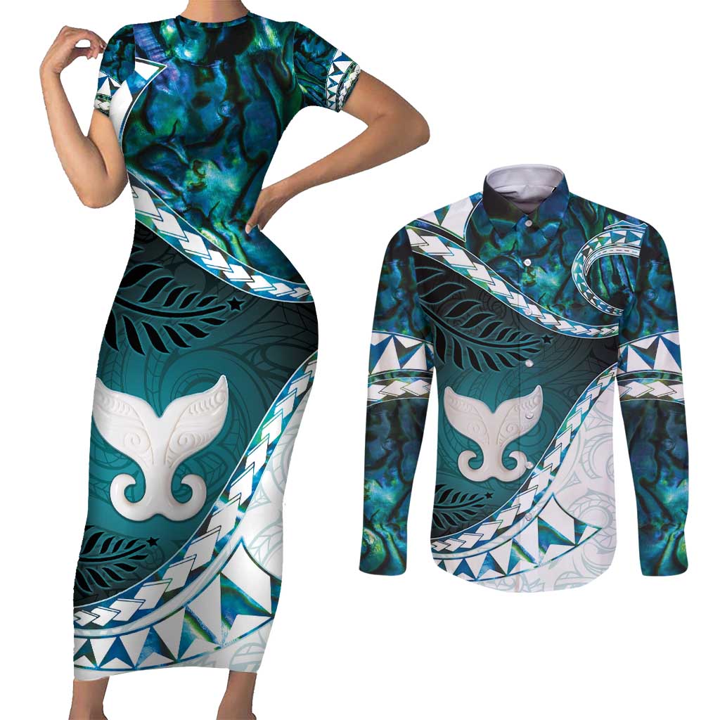 Aotearoa New Zealand Couples Matching Short Sleeve Bodycon Dress and Long Sleeve Button Shirt Maori Wera Paua Shell Teal Glitter