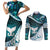 Aotearoa New Zealand Couples Matching Short Sleeve Bodycon Dress and Long Sleeve Button Shirt Maori Wera Paua Shell Teal Glitter