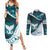 Aotearoa New Zealand Couples Matching Summer Maxi Dress and Long Sleeve Button Shirt Maori Wera Paua Shell Teal Glitter