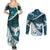 Aotearoa New Zealand Couples Matching Summer Maxi Dress and Long Sleeve Button Shirt Maori Wera Paua Shell Teal Glitter