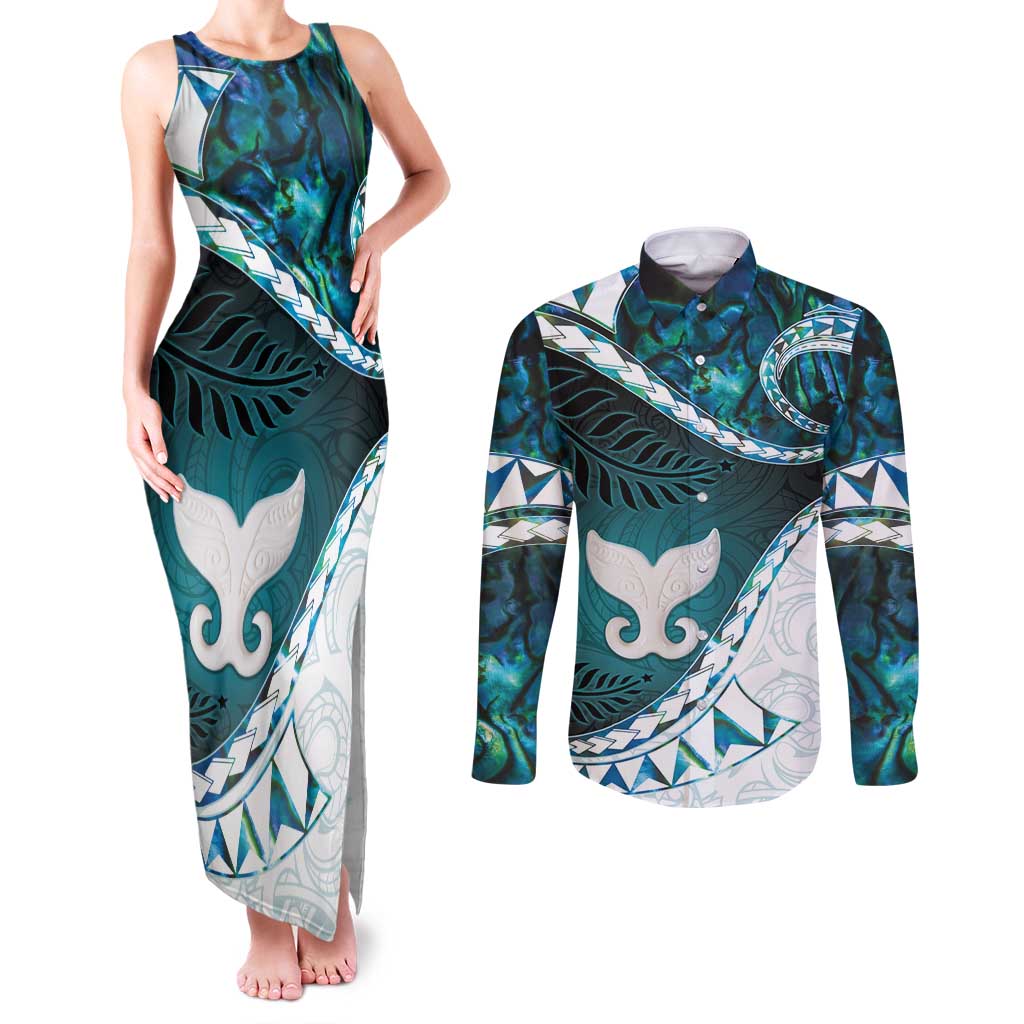 Aotearoa New Zealand Couples Matching Tank Maxi Dress and Long Sleeve Button Shirt Maori Wera Paua Shell Teal Glitter