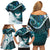 Aotearoa New Zealand Family Matching Off Shoulder Short Dress and Hawaiian Shirt Maori Wera Paua Shell Teal Glitter