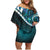 Aotearoa New Zealand Family Matching Off Shoulder Short Dress and Hawaiian Shirt Maori Wera Paua Shell Teal Glitter