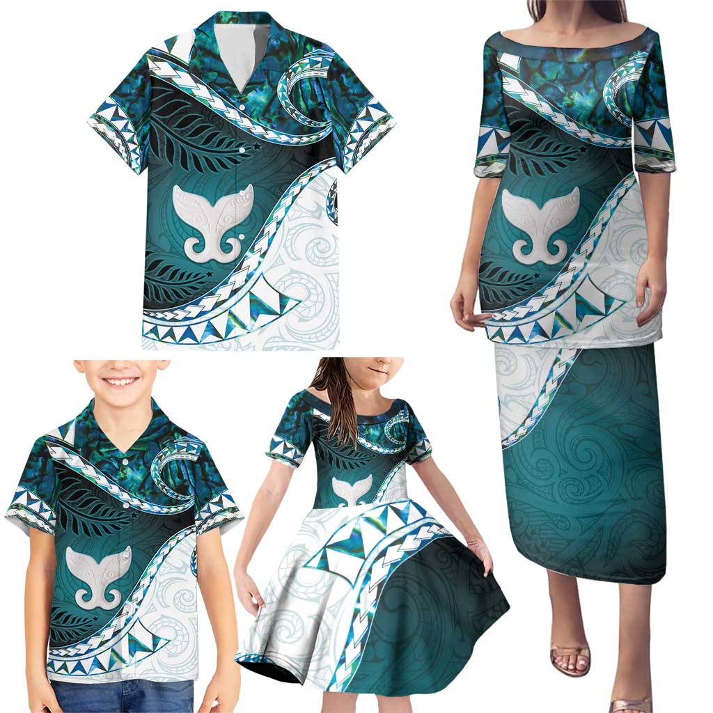 Aotearoa New Zealand Family Matching Puletasi and Hawaiian Shirt Maori Wera Paua Shell Teal Glitter LT05 - Polynesian Pride