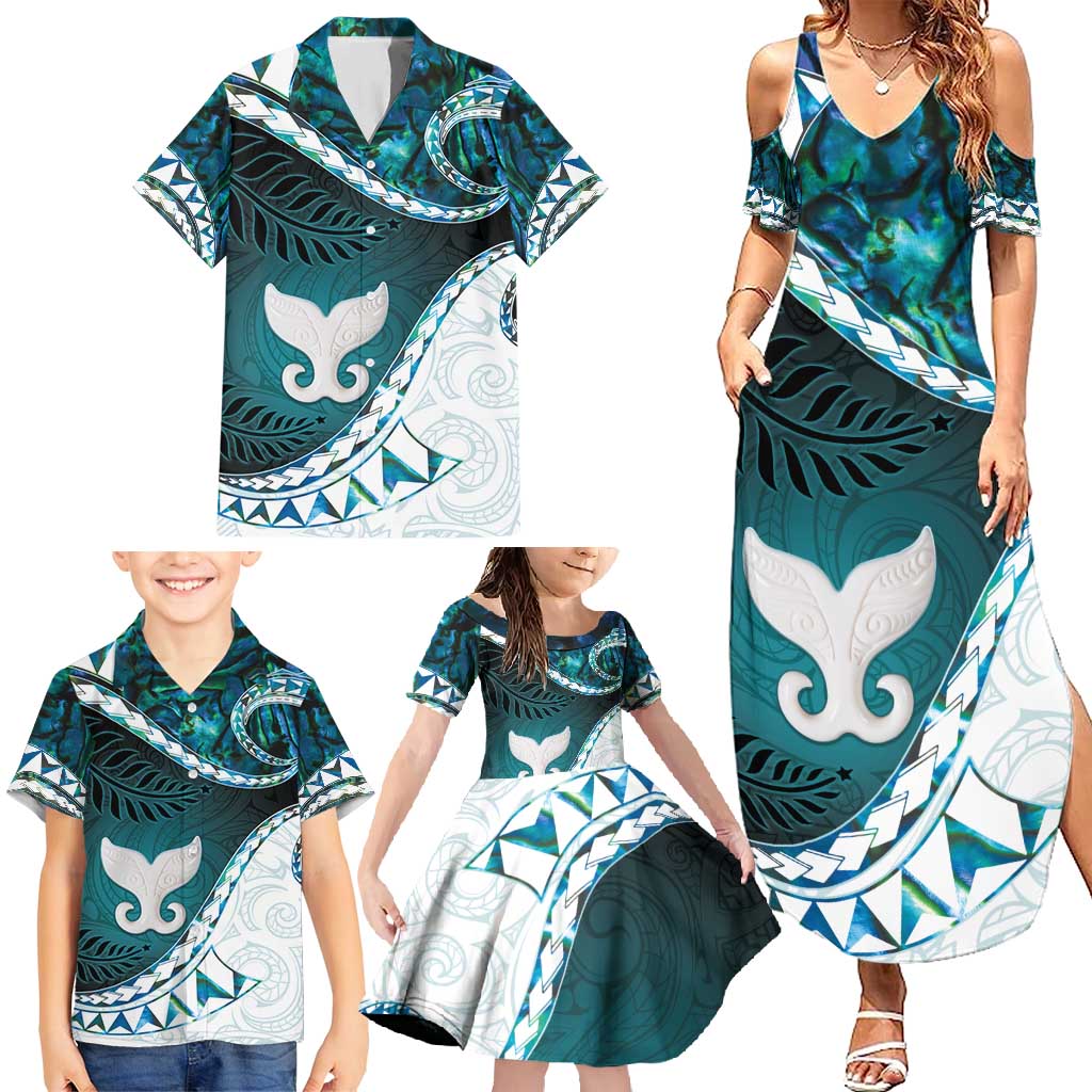 Aotearoa New Zealand Family Matching Summer Maxi Dress and Hawaiian Shirt Maori Wera Paua Shell Teal Glitter LT05 - Polynesian Pride