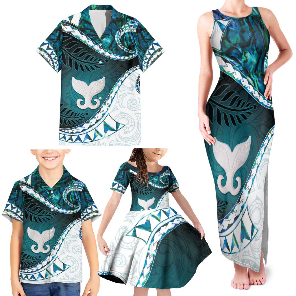 Aotearoa New Zealand Family Matching Tank Maxi Dress and Hawaiian Shirt Maori Wera Paua Shell Teal Glitter LT05 - Polynesian Pride
