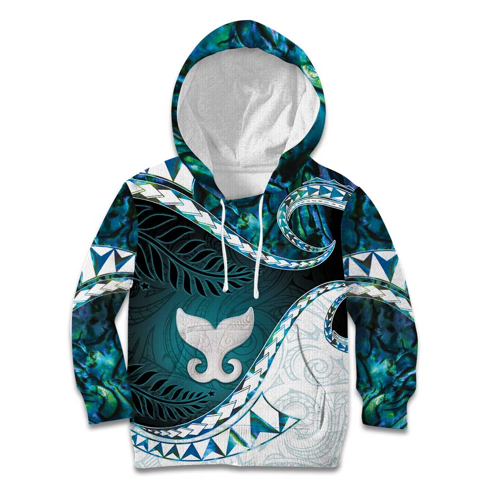 Aotearoa New Zealand Kid Hoodie Maori Wera Paua Shell Teal Glitter