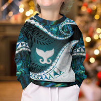 Aotearoa New Zealand Kid Ugly Christmas Sweater Maori Wera Paua Shell Teal Glitter