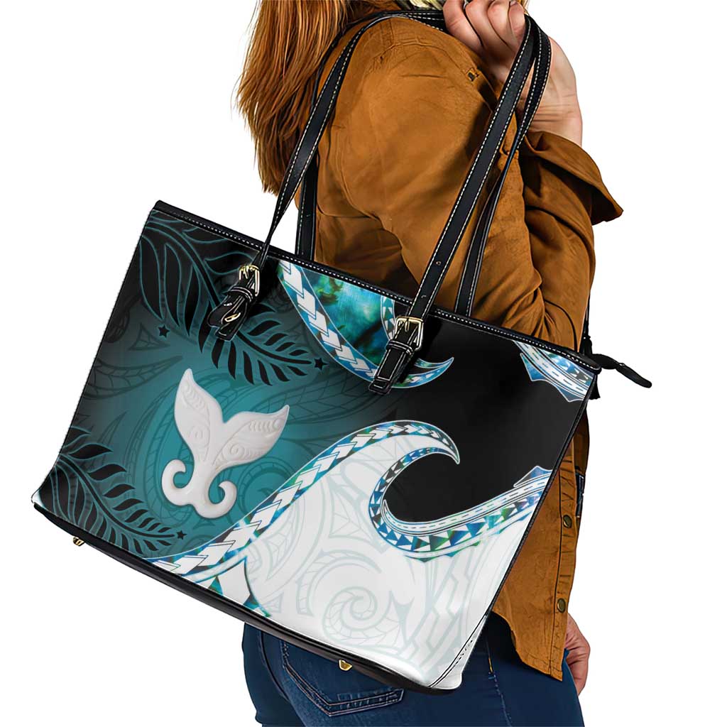 Aotearoa New Zealand Leather Tote Bag Maori Wera Paua Shell Teal Glitter LT05 - Polynesian Pride