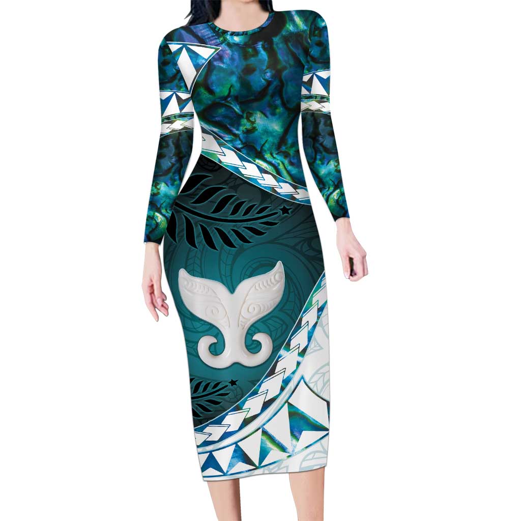 Aotearoa New Zealand Long Sleeve Bodycon Dress Maori Wera Paua Shell Teal Glitter