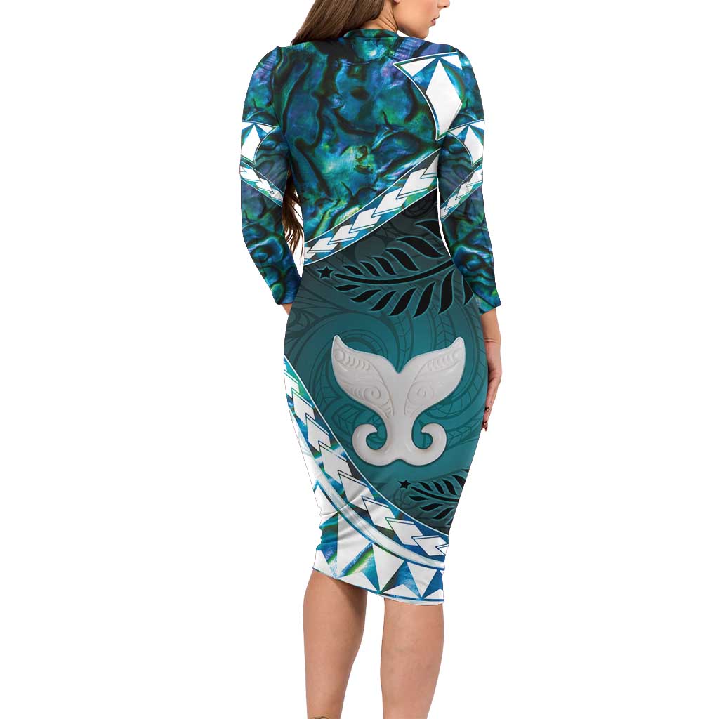 Aotearoa New Zealand Long Sleeve Bodycon Dress Maori Wera Paua Shell Teal Glitter