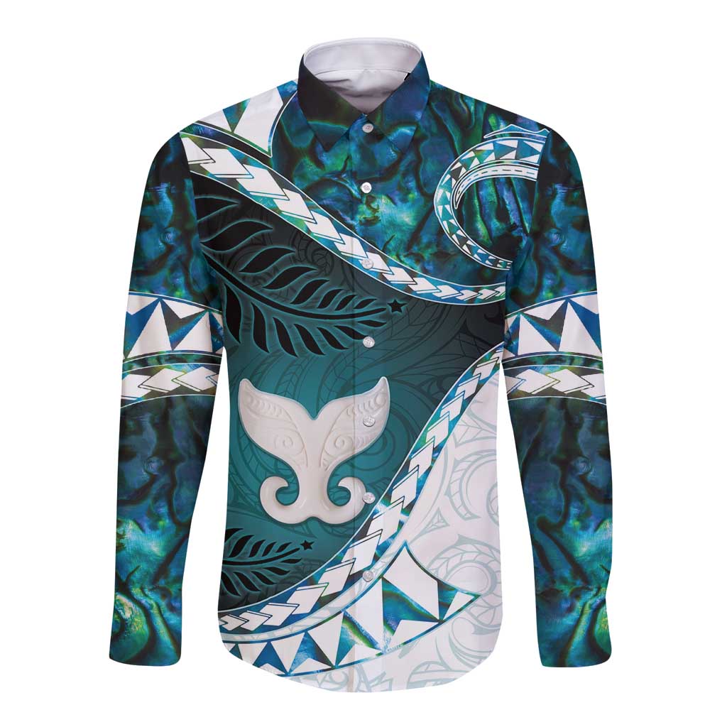 Aotearoa New Zealand Long Sleeve Button Shirt Maori Wera Paua Shell Teal Glitter