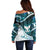 Aotearoa New Zealand Off Shoulder Sweater Maori Wera Paua Shell Teal Glitter